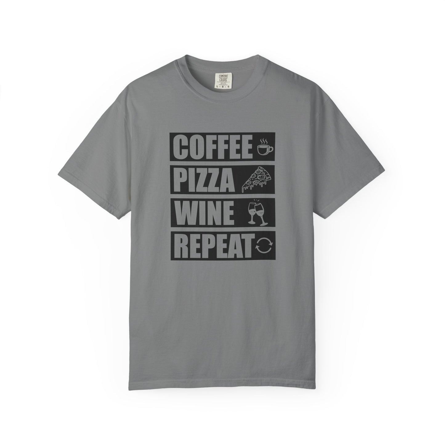Coffee, Pizza, Wine, Repeat Graphic T-Shirt – Funny Women’s Lifestyle Tee