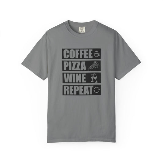 Coffee, Pizza, Wine, Repeat Graphic T-Shirt – Funny Women’s Lifestyle Tee